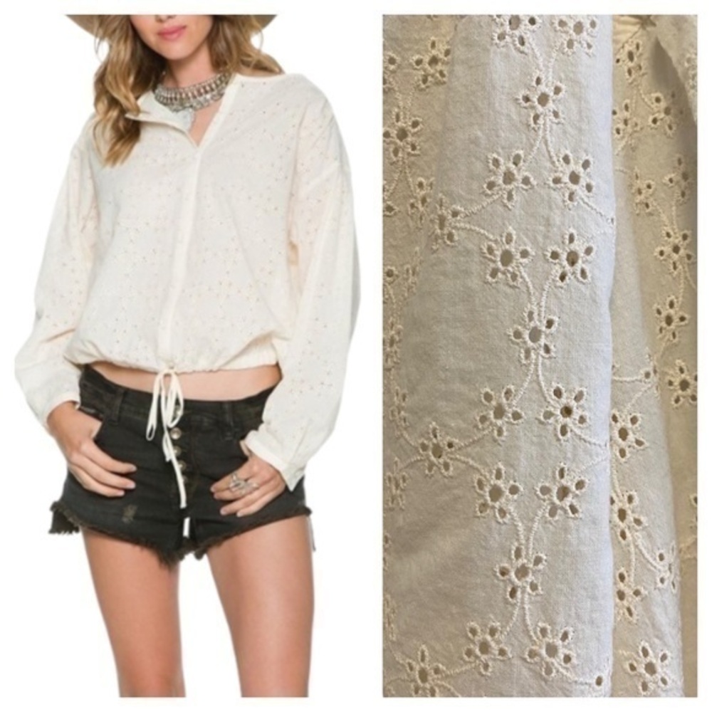 Free People Ivory Cream Eyelet Stars Align Button Down Blouse Large